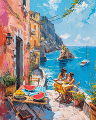 Greek Escape: Seaside Lunch with Friends Poster (Eco-Friendly Ink - Multiple Sizes)