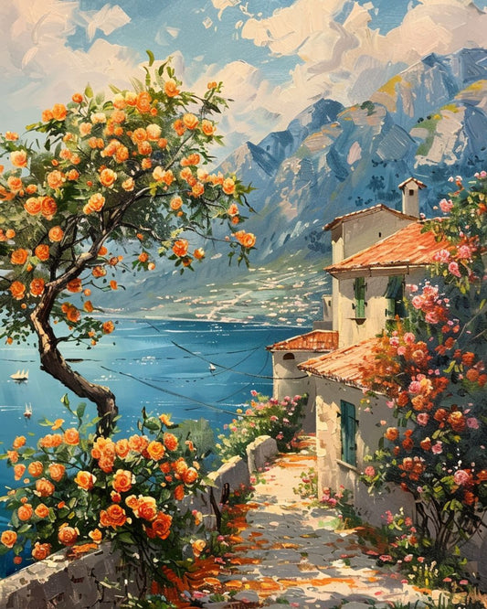 Seaside Sanctuary: Stone Cottage with Blooming Rose Tree Poster