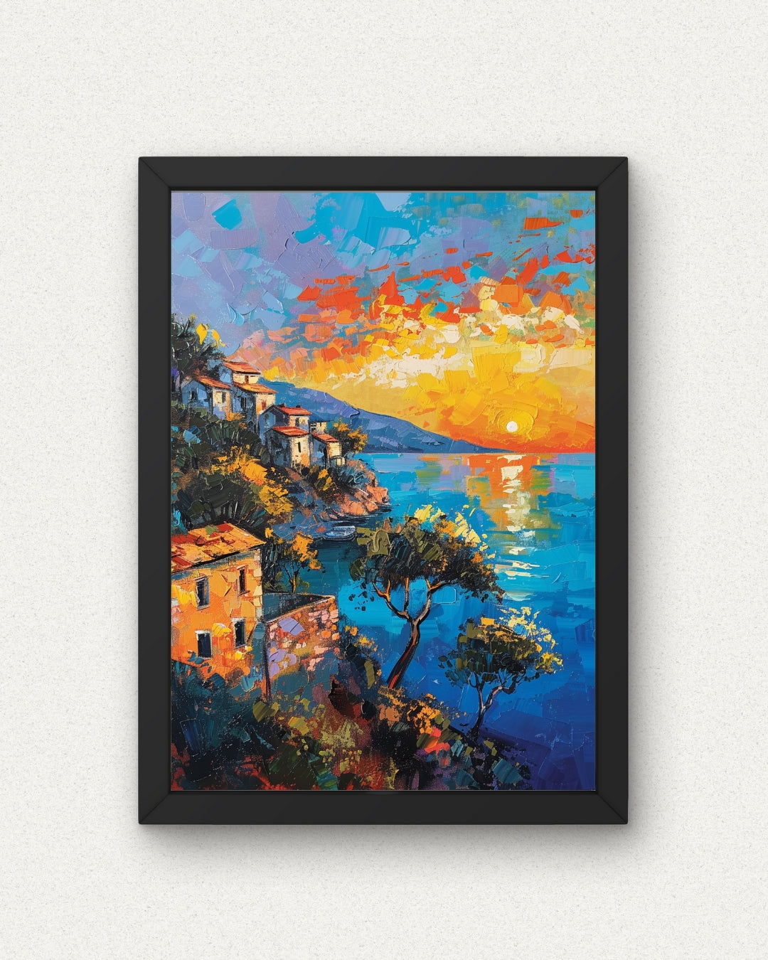 Sunset Escape: Seaside Village Poster with Glowing Sky (Eco-Friendly Ink - Multiple Sizes)