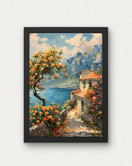 Seaside Sanctuary: Stone Cottage with Blooming Rose Tree Poster