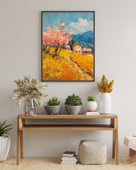 Summer Serenity: Almond Blossom Field & Cozy House Poster (Eco-Friendly Ink - Multiple Sizes)