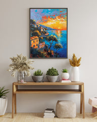 Sunset Escape: Seaside Village Poster with Glowing Sky (Eco-Friendly Ink - Multiple Sizes)