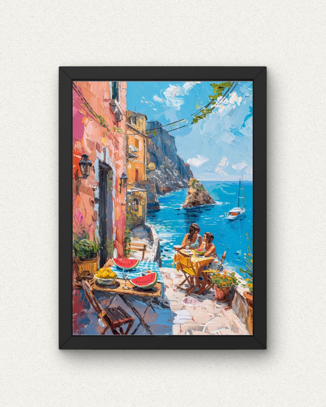 Greek Escape: Seaside Lunch with Friends Poster (Eco-Friendly Ink - Multiple Sizes)