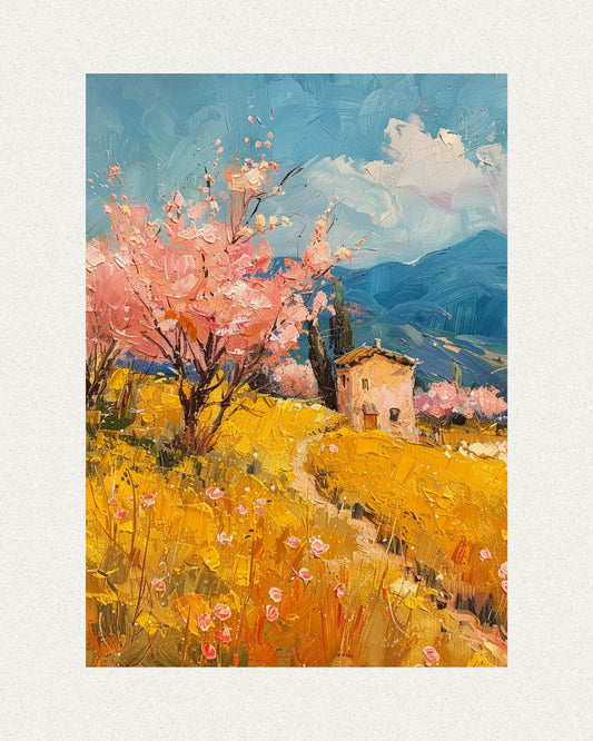 Summer Serenity: Almond Blossom Field & Cozy House Poster (Eco-Friendly Ink - Multiple Sizes)