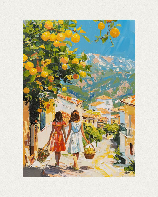 Sunshine & Laughter: Italian Lemon Grove Poster with Girls (Eco-Friendly Ink - Multiple Sizes)